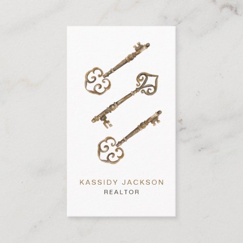 Vintage Watercolor Skeleton Key Real Estate White  Business Card