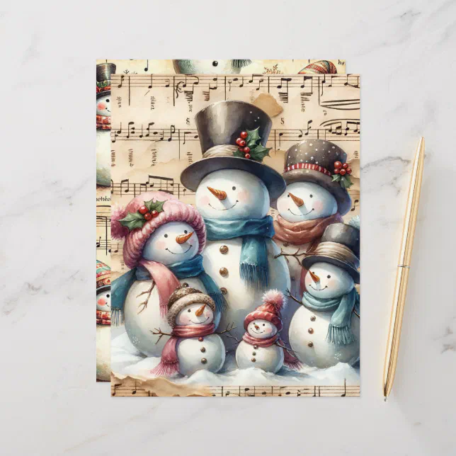 Vintage Watercolor Snowmen Scrapbook Paper (Front/Back In Situ)