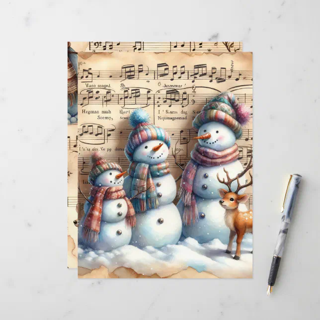 Vintage Watercolor Snowmen Scrapbook Paper (Front/Back In Situ)