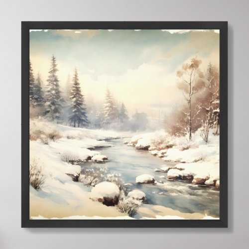 Vintage watercolor snowy winter forest poster