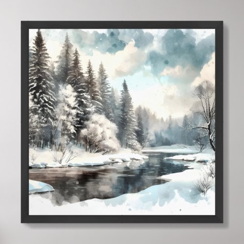 Vintage watercolor snowy winter forest poster