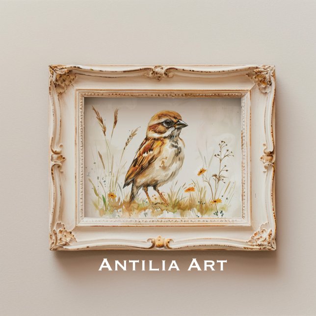 Vintage Watercolor Sparrow Painting Rustic Bird Poster (Creator Uploaded)