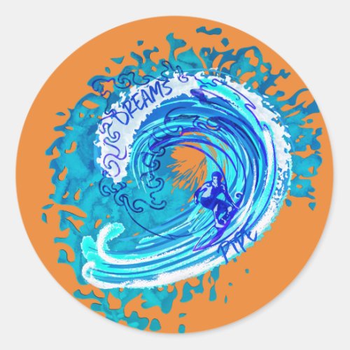Vintage Watercolor Splash Big Wave Surfing Classic Round Sticker