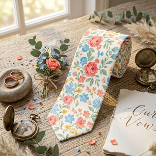 Vintage Watercolor Spring Garden Floral Neck Tie
