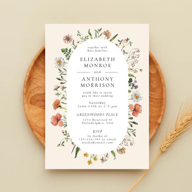 Vintage Watercolor Spring Wildflower Oval Wedding Invitation | Zazzle