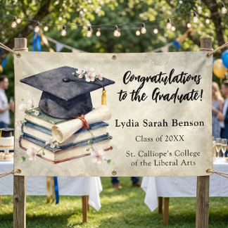 Vintage Watercolor Stacked Books Floral Graduation Banner