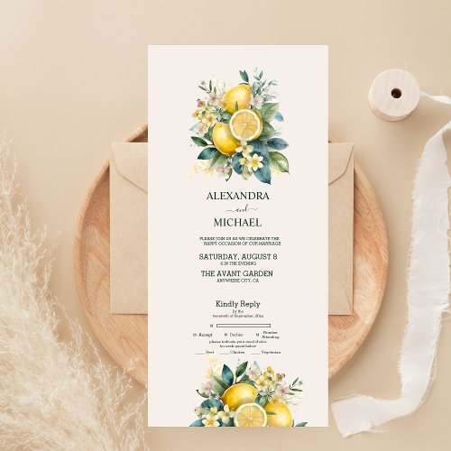 Vintage Watercolor Summer Citrus Wedding All In One Invitation