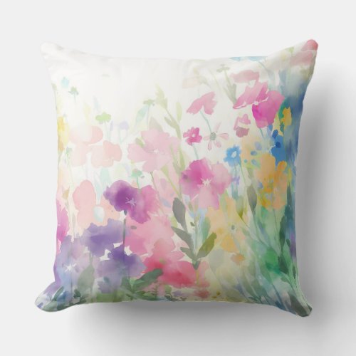 Vintage Watercolor Summer Flower Garden Throw Pillow