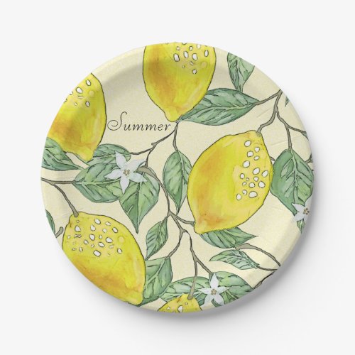 Vintage Watercolor Summer Lemons Pattern Paper Plates