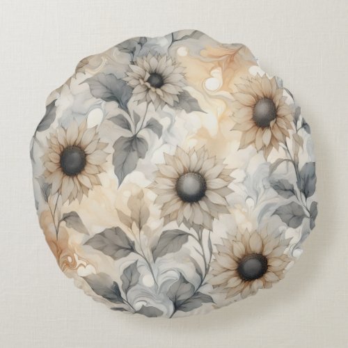 Vintage Watercolor Sunflowers Round Pillow