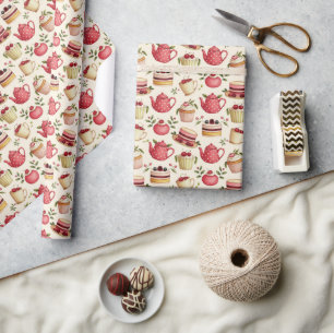 Vintage Watercolor Tea Party Pattern with Desserts Wrapping Paper