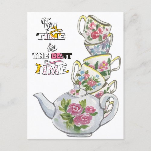 Vintage Watercolor Tea Time Postcard