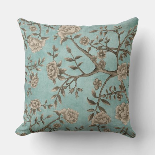 Vintage Watercolor Teal Chinoiserie Bird  Flowers Throw Pillow