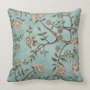 Vintage Watercolor Teal Chinoiserie Bird & Flowers Throw Pillow