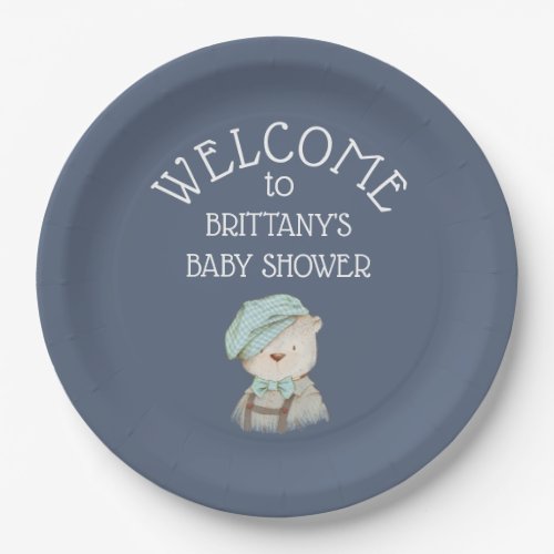 Vintage Watercolor Teddy Bear Blue Baby Shower Paper Plates