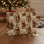 Vintage Watercolor Teddy Bear & Christmas Village  Large Gift Bag<br><div class="desc">A cozy vintage-style watercolor pattern of teddy bears in scarves,  pine trees,  and a storybook Christmas village on a warm neutral background—perfect for rustic,  woodland-themed holiday gifting.</div>