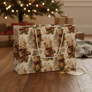 Vintage Watercolor Teddy Bear & Christmas Village Large Gift Bag