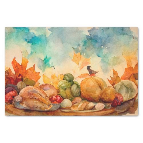 Vintage Watercolor Thanksgiving Turkey Pumpkin  Tissue Paper