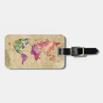 Vintage Watercolor Travel World Map Luggage Tag by thepixelprojekt at Zazzle