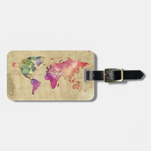 Vintage Watercolor Travel World Map Luggage Tag