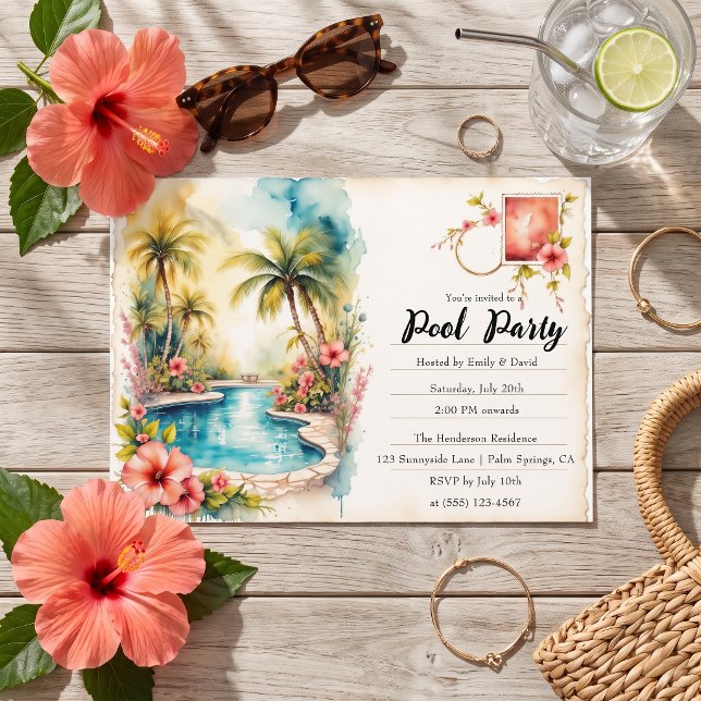 Vintage Watercolor Tropical Adult Pool Party Invitation (Creator Uploaded)