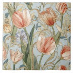 Vintage Watercolor Tulip Flowers ,Peach, Blue Ceramic Tile