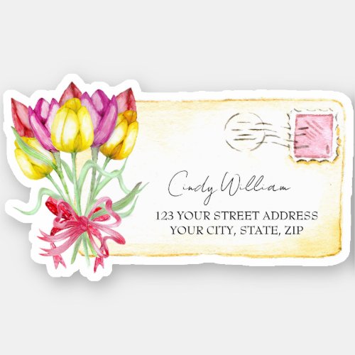 Vintage Watercolor Tulips Postcard Stamp Address Sticker