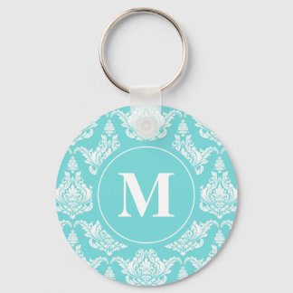 Vintage Watercolor Turquoise Damask Monogram Keychain