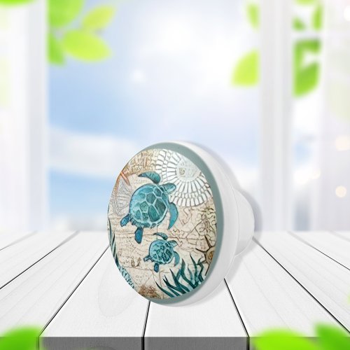 Vintage Watercolor Turtles Ceramic Knob