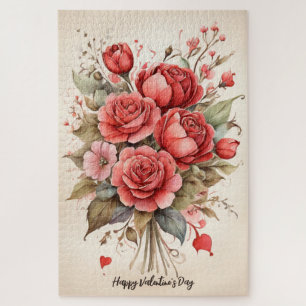 Vintage Watercolor Valentine's day bouquet Jigsaw Puzzle