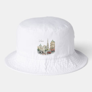Vintage Watercolor Vienna Austria Tram & Cathedral Bucket Hat
