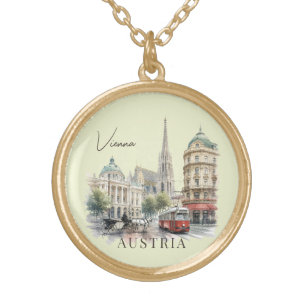 Vintage Watercolor Vienna Austria Tram & Cathedral Gold Plated Necklace