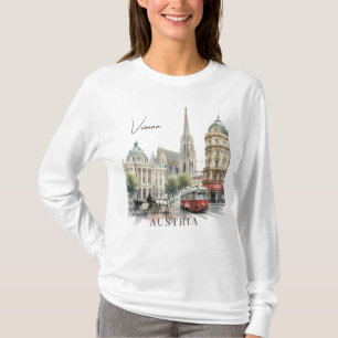 Vintage Watercolor Vienna Austria Tram & Cathedral T-Shirt