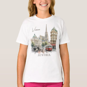 Vintage Watercolor Vienna Austria Tram & Cathedral T-Shirt