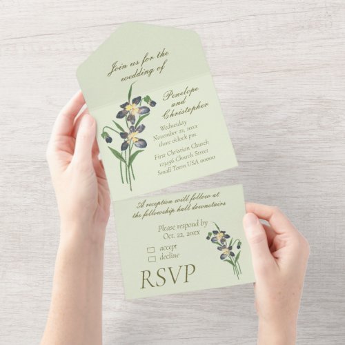 Vintage Watercolor Violets Sage Green Wedding  All In One Invitation