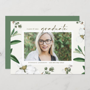 Vintage Watercolor White Flowers Photo Graduation Announcement
