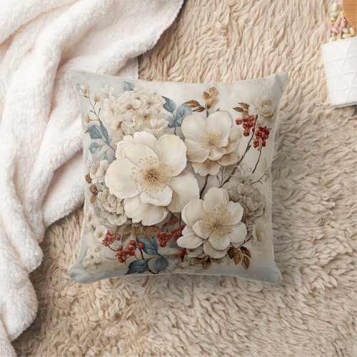 Vintage Watercolor White Flowers Red Berries   Throw Pillow