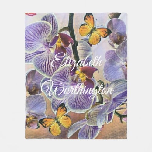 Vintage Watercolor White Purple Pink Orchid Flower Fleece Blanket