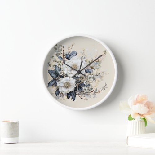 Vintage Watercolor White Roses Leaves Branches Clock