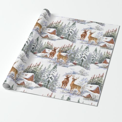 Vintage Watercolor Winter Country Deer Christmas Wrapping Paper