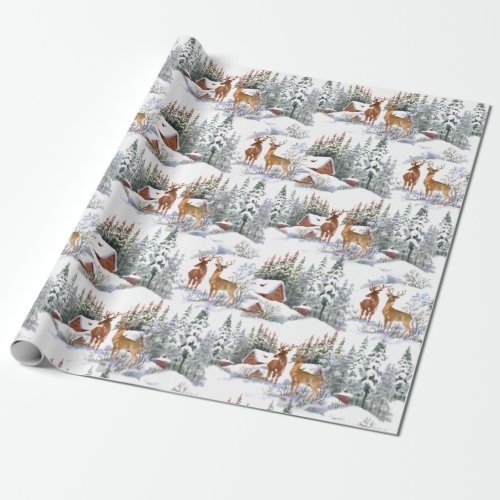 Vintage Watercolor Winter Country Deer Christmas Wrapping Paper