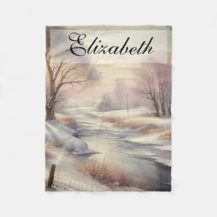 Vintage Watercolor Winter Landscape Scenery Fleece Blanket