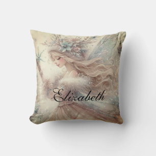 Vintage Watercolor Winter Snow Fairy Fantasy Art Throw Pillow