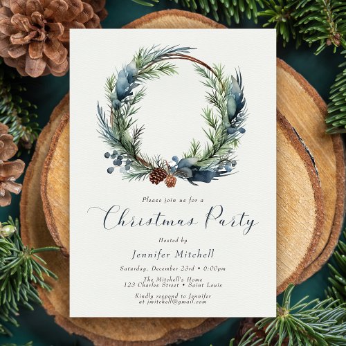 Vintage Watercolor Wreath Holly Christmas Party Invitation