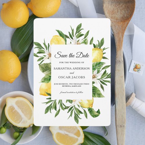 Vintage Watercolor Yellow Lemons  Leaf Frame Save The Date