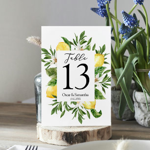 Vintage Watercolor Yellow Lemons & Leaf Frame Table Number