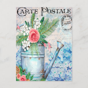 Vintage Watering Can Full of Flowers Floral French Postcard