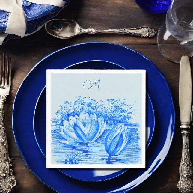  vintage    waterlilies  - monogrammed  blue  napkins (Creator Uploaded)