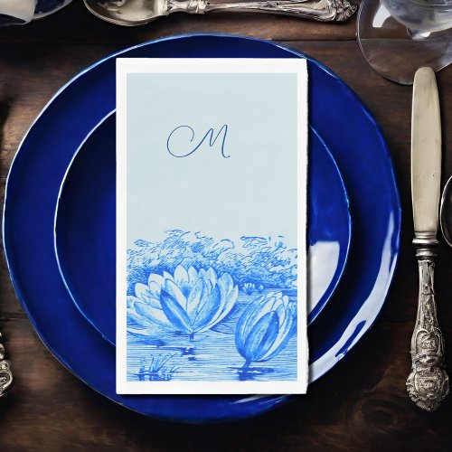  vintage    waterlilies  _ monogrammed  blue  paper guest towels