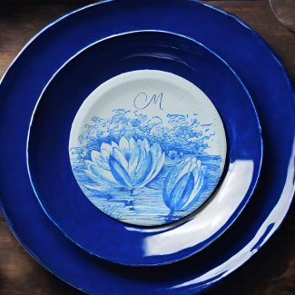  vintage    waterlilies  - monogrammed  blue 